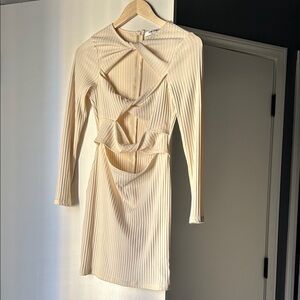 Cream Ribbed Long Sleeve mini Dress
